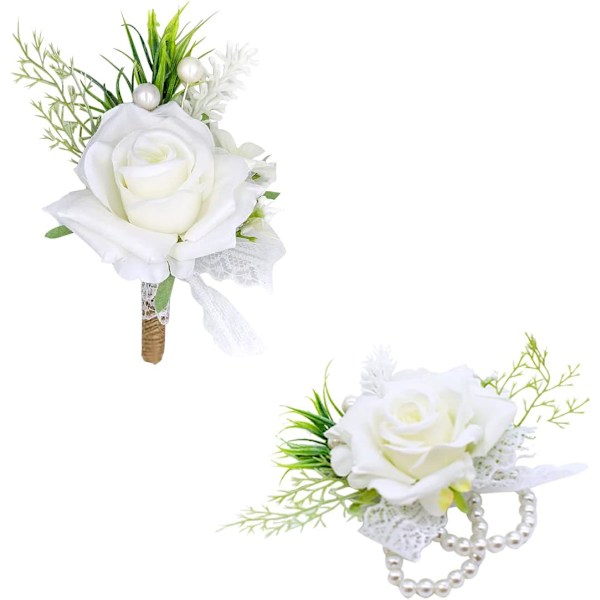 Vit Corsage och Boutonniere Set Konstgjord Rosblomma Handledsblomster