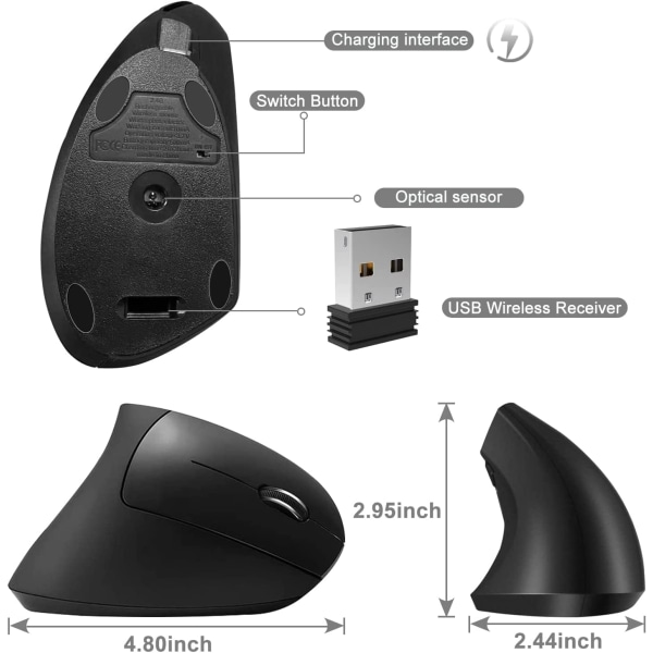 Ergonomisk mus, genopladelig trådløs mus, 2,4 GHz genopladelig