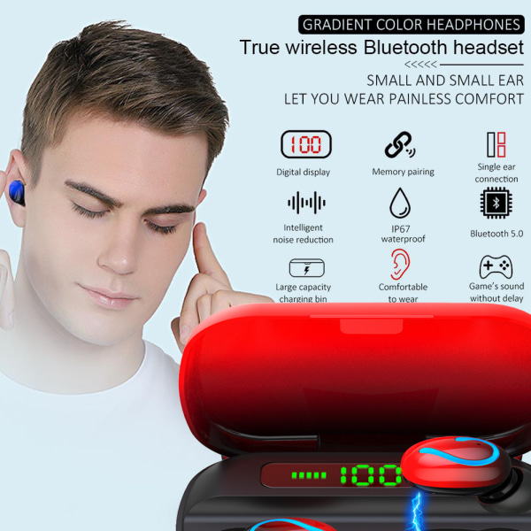 （Blå）Trådløst hodesett mini Bluetooth sportshodetelefoner hodesett LED