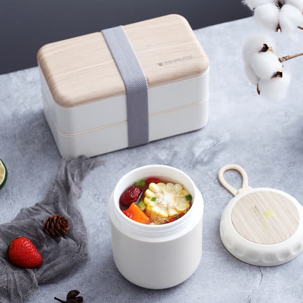 3-delad set Trästruktur Plast Dubbellagers Lunchbox Soppkopp