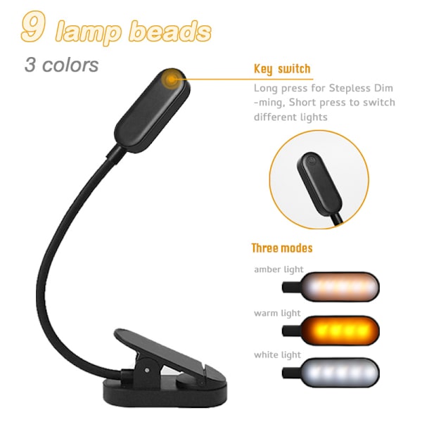 Leselys 9 LED Leselampe Klipslampe USB Oppladbart 3 Farger