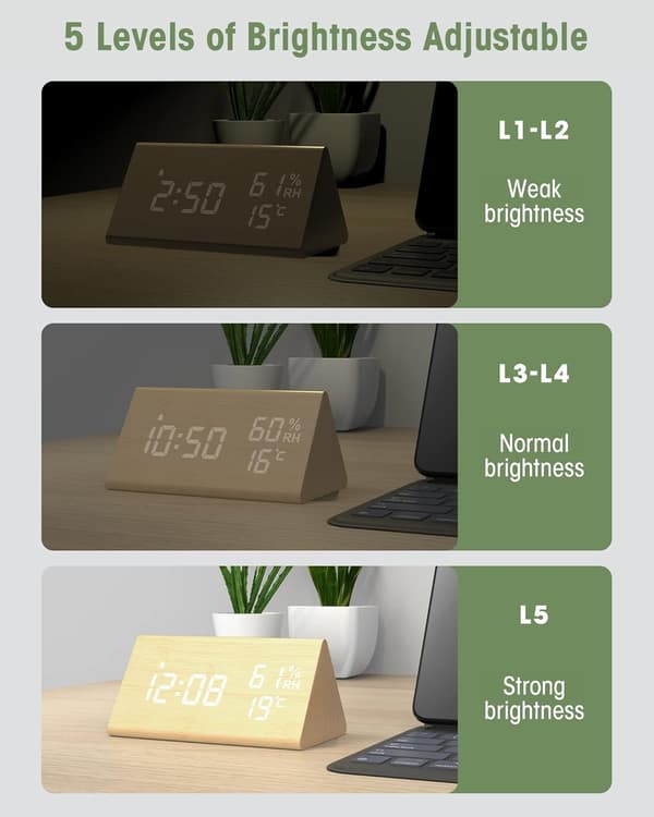 Trä Digital Väckarklocka, Digital Klocka med Snooze/Datum/Temperatur