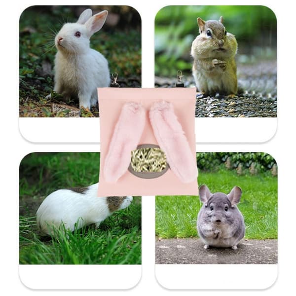 Kanin foderpose i imiteret læder, hængende pose med kanin form, pink, til hamsterfoder,