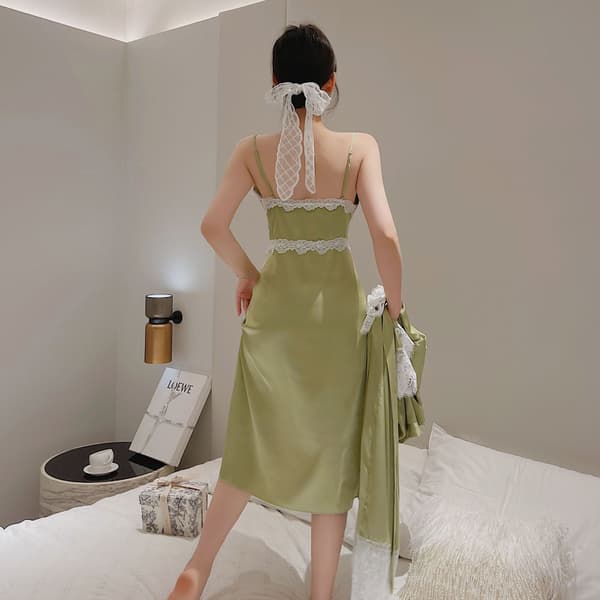 2-delad pyjamas Ice Silk Dam Höst Nytt Linne Nattlinne Lång