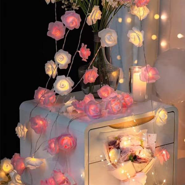 3 meter LED-ljusslinga med 20 lampor, USB-driven, 7 cm rosa och vita rosor, för rum, sovrum