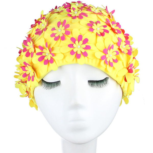 （Gul）Manuel Rhinestone Blomsterblad Retro Stil Badehætte