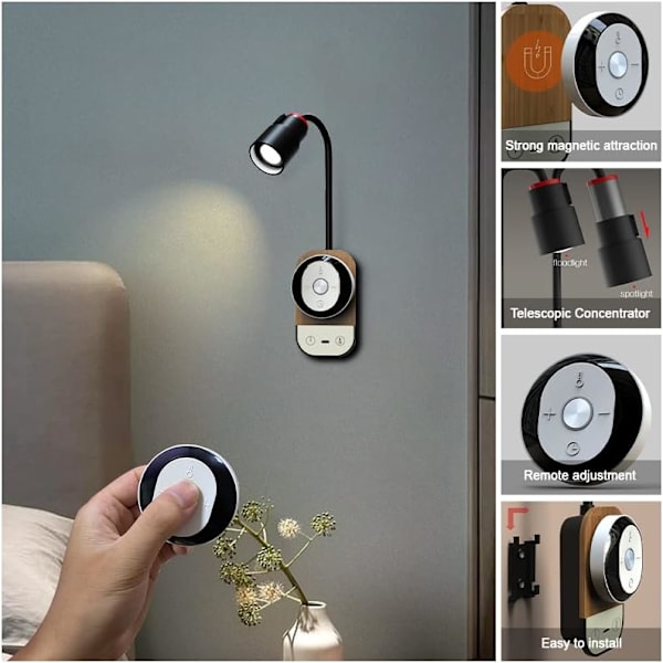 LED-leselampe, vegglampe med fjernkontroll og berøringsdimmer, USB-ladeport, 3 fargemoduser, 5 lysstyrkenivåer