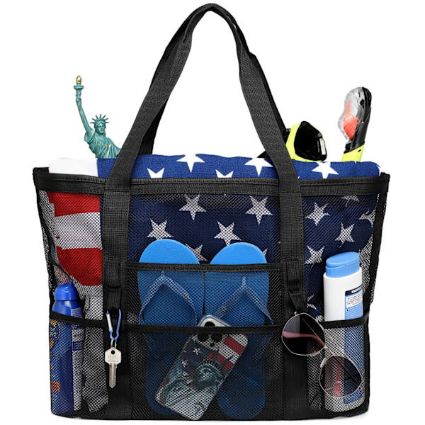 Mesh Strandtaske - Strand Tote 9 Lommer Strandhåndklæde Taske (1 stk, kongeblå)