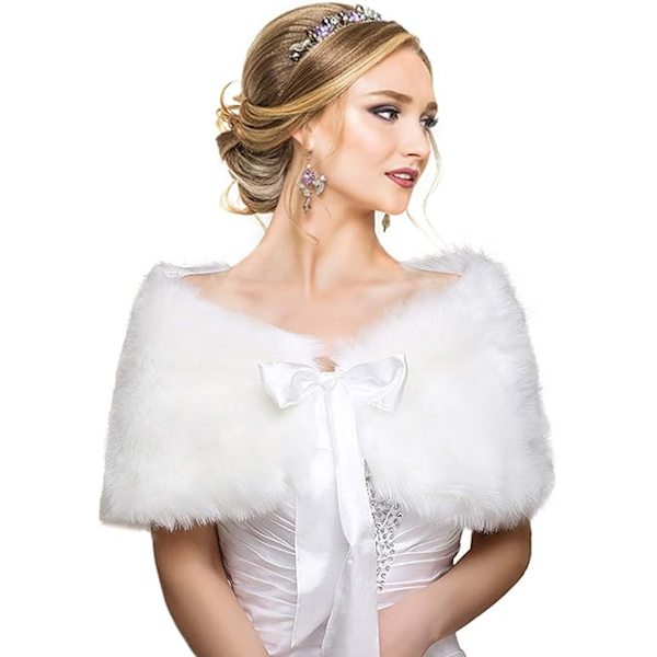 Faux Fur Sjal Shrug Elfenben Kvinners Gave med Sateng Sløyfe, Brudes S