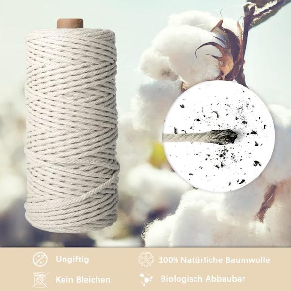 Makramé-rep - 3 mm x 100 m - Naturligt bomullsgarn för väggbonader