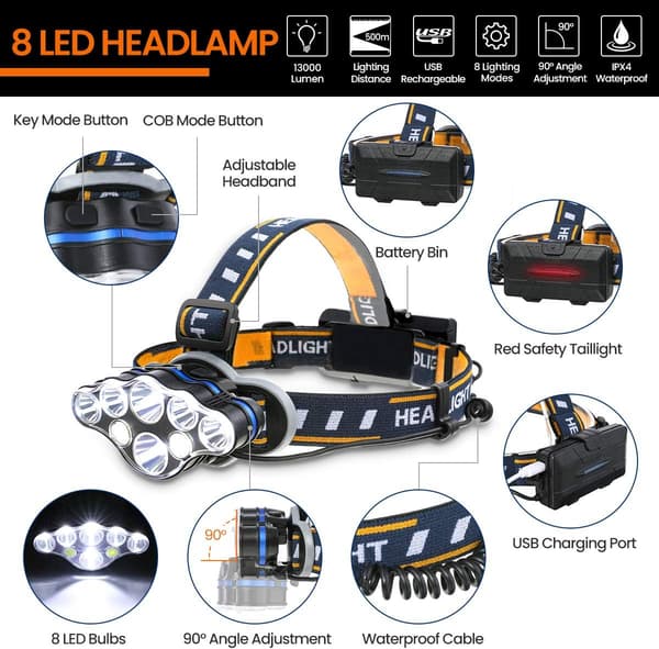 8 Tilaa Latautuva LED-Päälamppu, Erittäin Kirkas 8 LED-Päälamppu