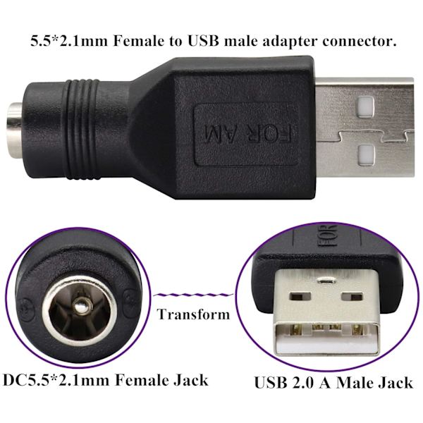 USB2.0 A Han til DC 5.5x2.1mm DC Stik Opladningsadapter