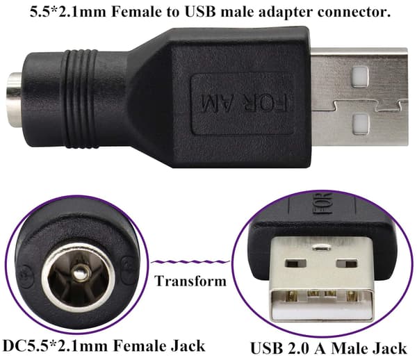 USB2.0 A uros-DC 5.5x2.1mm DC-liitäntä latausliitäntä