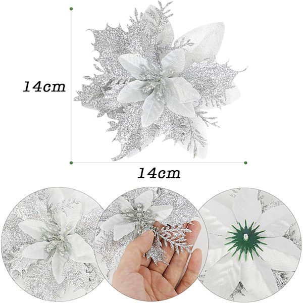 12 stk. Kunstige Juleblomster, Glitter Juleblomster til