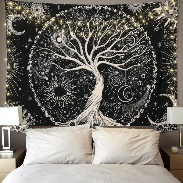 Livets träd Tapestry Måne och sol Svart vägghängande psykedelisk