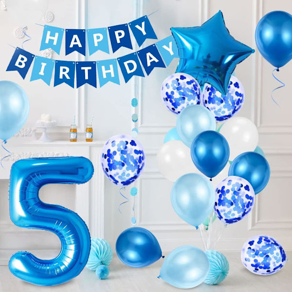 Ballong för 5-årig pojkes födelsedag, blå 5-års födelsedagsdekoration
