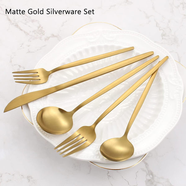 Guld Sæt, 20-delt Rustfrit Stål Bestik Sæt, Satin Finish tab