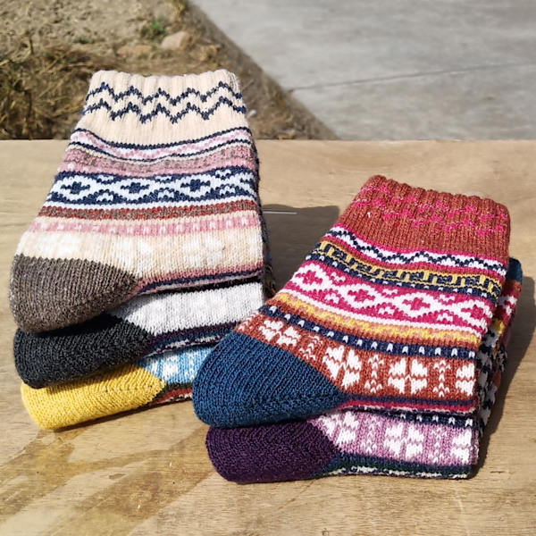 5 Par Ullstrumpor Dam Stickade Varma Casual Ull Crew Vinter Kvinnor