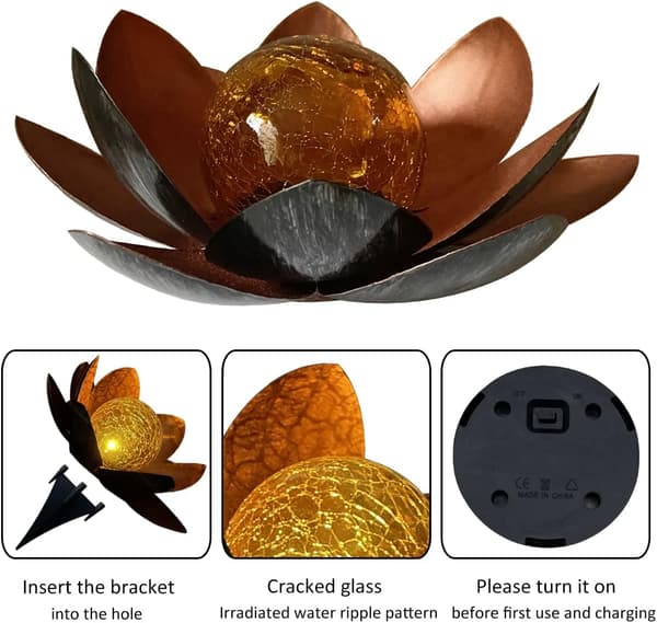 Solcelle Lotusblomst Lys Udendørs Have Dekoration Amber Crackle