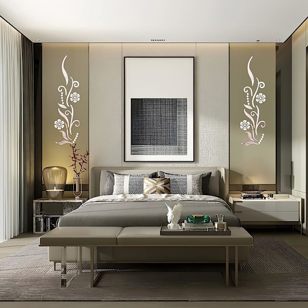 3D Blomster Spegel Väggdekal Silver för Sovrum Vardagsrum Soffa