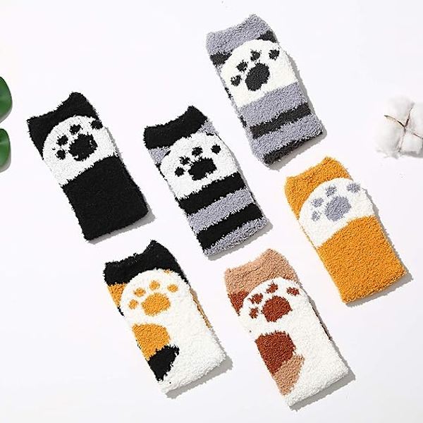 6 Par Søde Katteklo-Sokker til Kvinder Vinter Fuzzy Cozy Plush Slipp