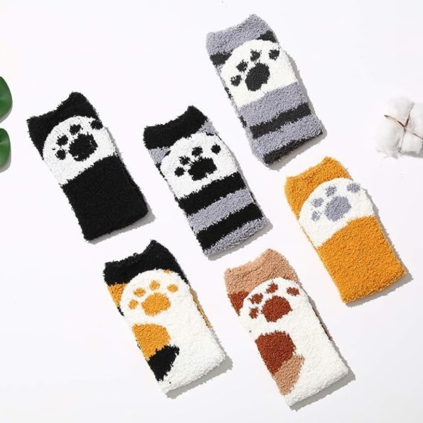 6 Par Söta Kattpåtassar Strumpor Kvinnor Vinter Fuzzy Cozy Plush Tofflor