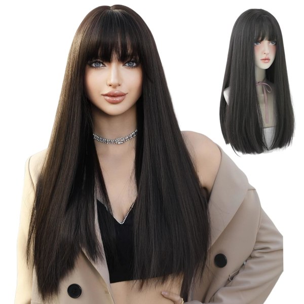 WIGS pitkä suora peruukki otsatukkailla Hiusvärjätty musta peruukki naisille Synteettinen luonnollinen musta hiusjuhla ja Cosplay Premium pehmeä peruukki (23 tuumaa musta)