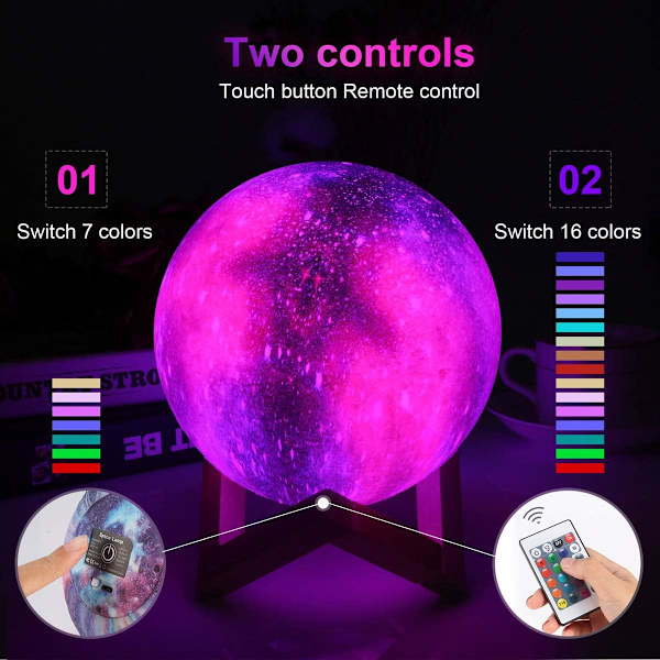 3D Månelys, LED Natlys Touch Månelys 16 Farver, Diamet
