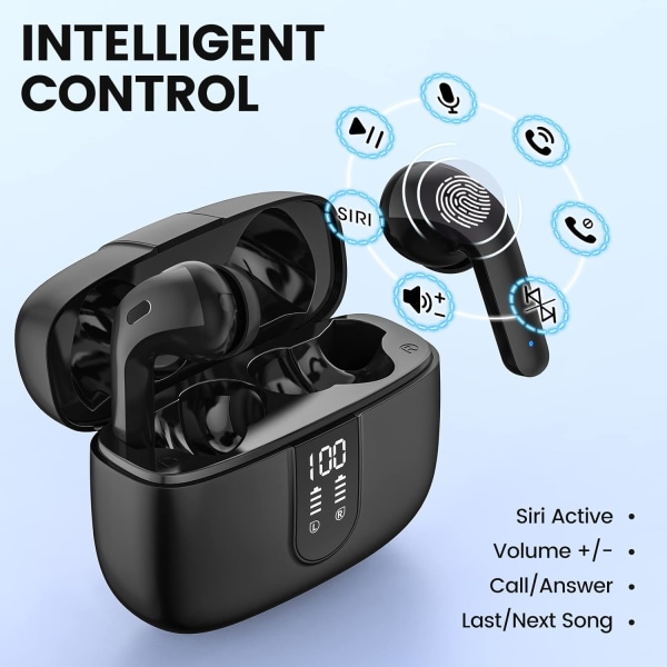 （Svart）2023 trådlösa Bluetooth hörlurar, 9D Stereo Bluetooth He