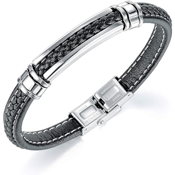 Svart läderarmband för män och tonårspojkar i silverfärgat rostfritt stål