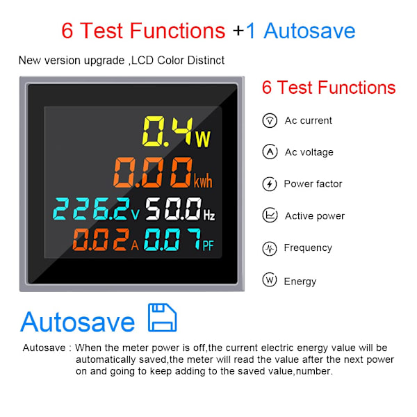 AC Strömspänning Amperage 6-i-1 Effekt Energimätare LCD Digital