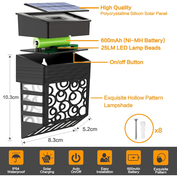 Soldriven trädgårdslampa, 8-pack solstängselljus utomhusvägg