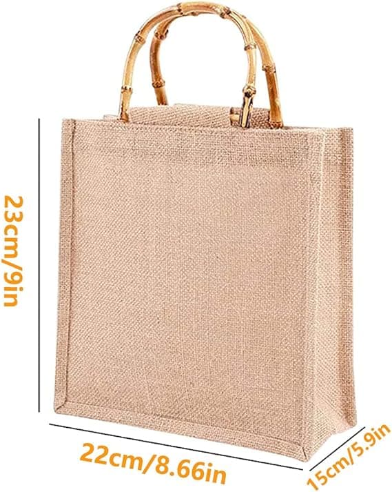 Jute handlepose, strandpose med bambushåndtak, gjenbrukbar jute