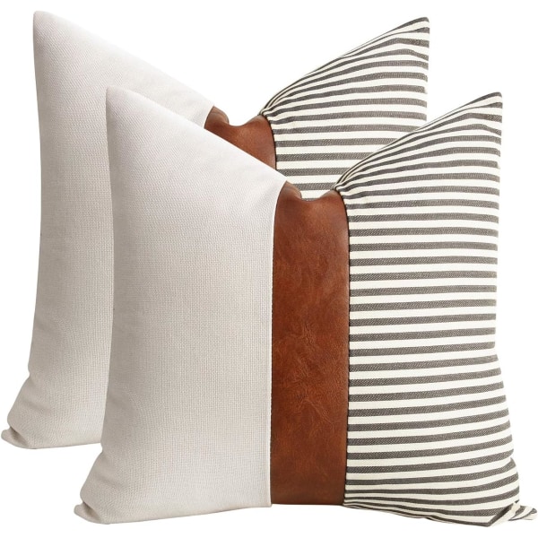 Set of 2 Farmhouse Decor Stripe Patchwork Linen Throw Pillow Cove