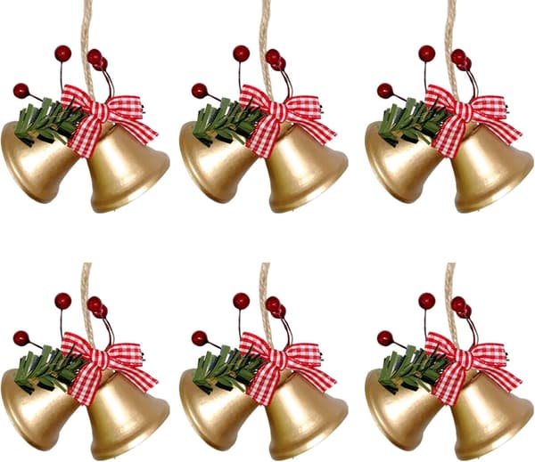 6-pack Julgranshängande Klockor med Rosett och Röda Bär