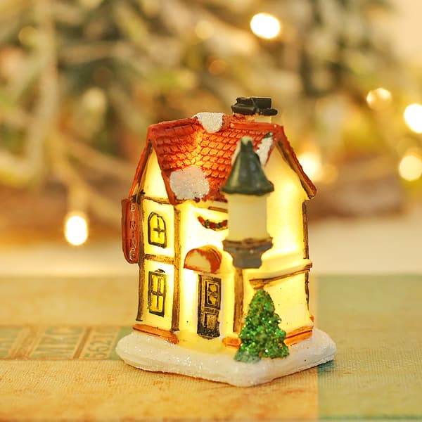Fyra julmotiv lysande snöhus prydnadsföremål Micro-landsc