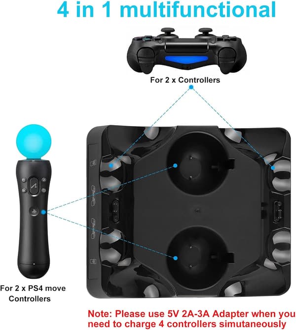 4 i 1 PS4 Controller Oplader, Quad Oplader til PS4 Controller DXGHC