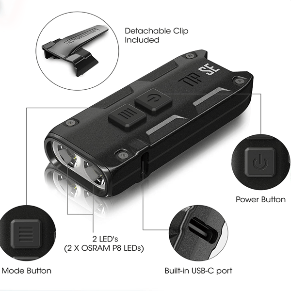 Mini-taskulamppu - 700 lumenia LED - USB-C-lataus - Avaimenperä