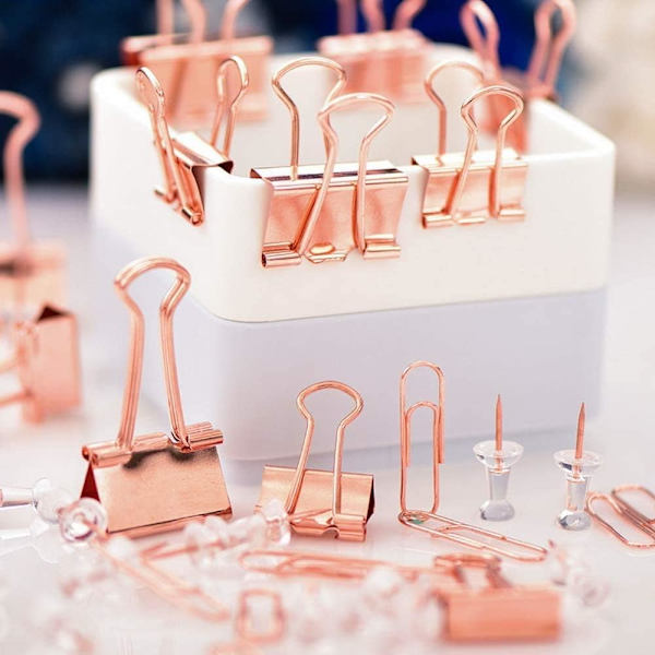 Roseguld Assorterede Binderclips, Papirclips, Push Pins Sæt, Holdbar