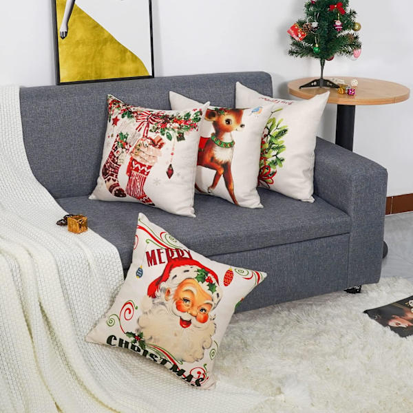 Set med 4 Kuddfodral Jul Retro Strump Sika Rådjur Mönster Dekorativ Soffa Kuddfodral Dekoration för Sovrum, Soffa,
