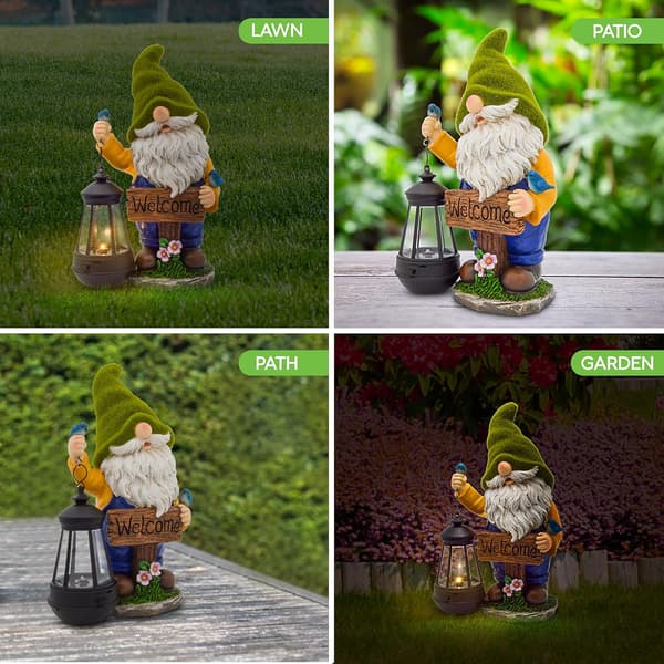 Havefigur til haven - Flocked Havefigur med Lanterne og Solcelle-LED Lys | Havepynt til Terrasse