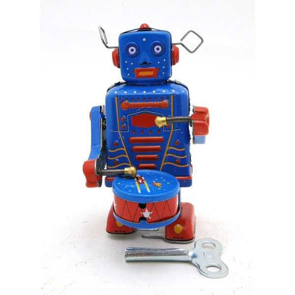 Clockwork Drum Robot Winding Cartoon Antique Blikk Vintage Toy
