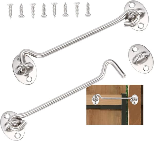 2 stycken hyttkrok, dörrlås, silverfärgat rostfritt stål