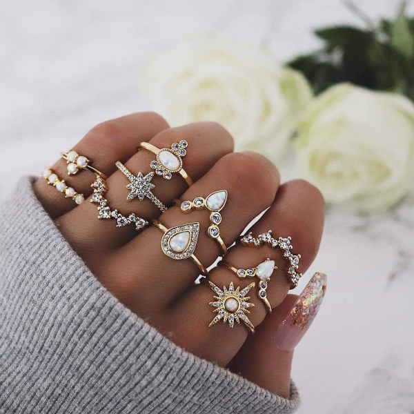 10 stk Knuckle Stacking Ringer for Kvinner og Jenter, Boho Vintage F