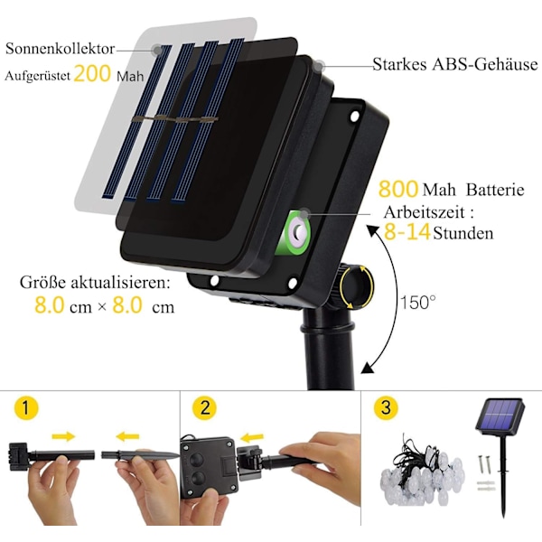 Solcelled Utendørs Lyslenke, 50 LED, 8 Moduser, Krystallkule, Hvit