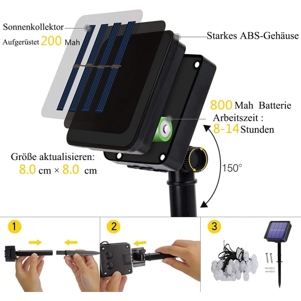 Ulkovalaistus Solar-valoketju, 50 LED-lamppua, 8 tilaa, Kristallikuula, Valkoinen