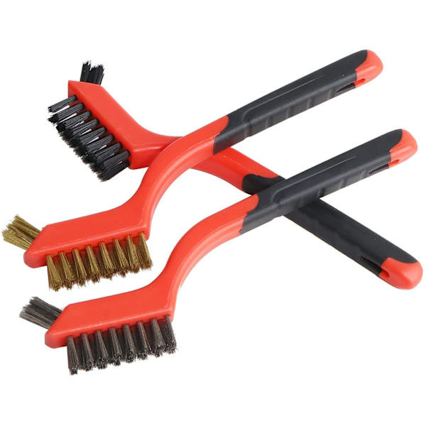 Sett med 3 wirebørster med buet håndtak, messing/nylon/rustfritt stål