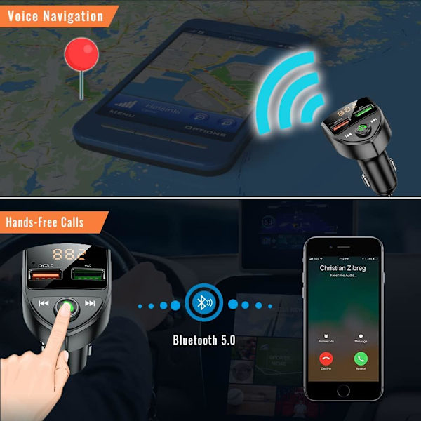 Bluetooth FM-sender, Automatisk Dobbelt USB Bluetooth V5.0 og Q