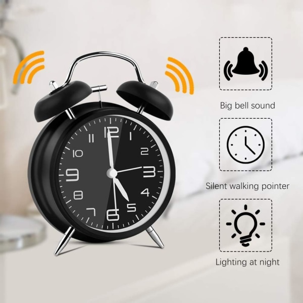 Dubbelklocka Retro Väckarklocka, Analog Tyst Alarm Cl