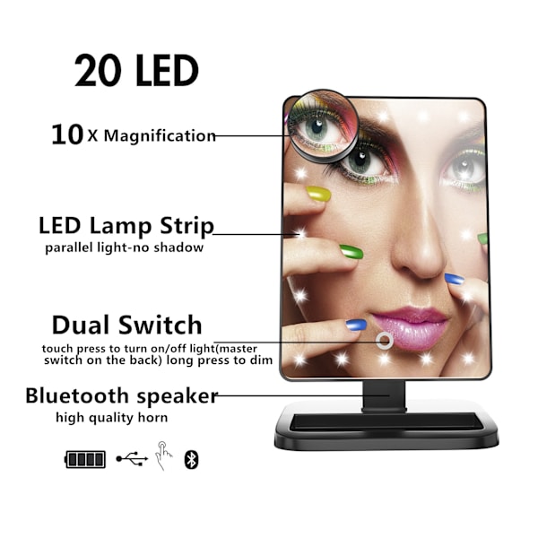 Bluetooth LED Makeup Spejl med Touchscreen og 10x Forstørrelse